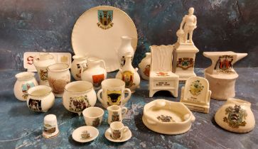 Crested Ware - Plymouth -  a Devonia Art Drake Memorial; others,  Goss;   Burns Chair,  anvil,