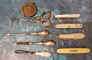 A Victorian mother-of-pearl folding pocket knife, Sheffield 1863;  others, Coronation Souvenir;