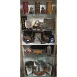 Boxes and Curios - military prints;  soda syphon;  children's shoes;  tins, frames, novelty candles;