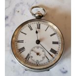 A silver open faced pocket watch, Roman numerals, subsidiary seconds dial