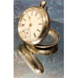 A silver cased open faced pocket watch, unmarked Swiss movement, white enamel dial , black Roman