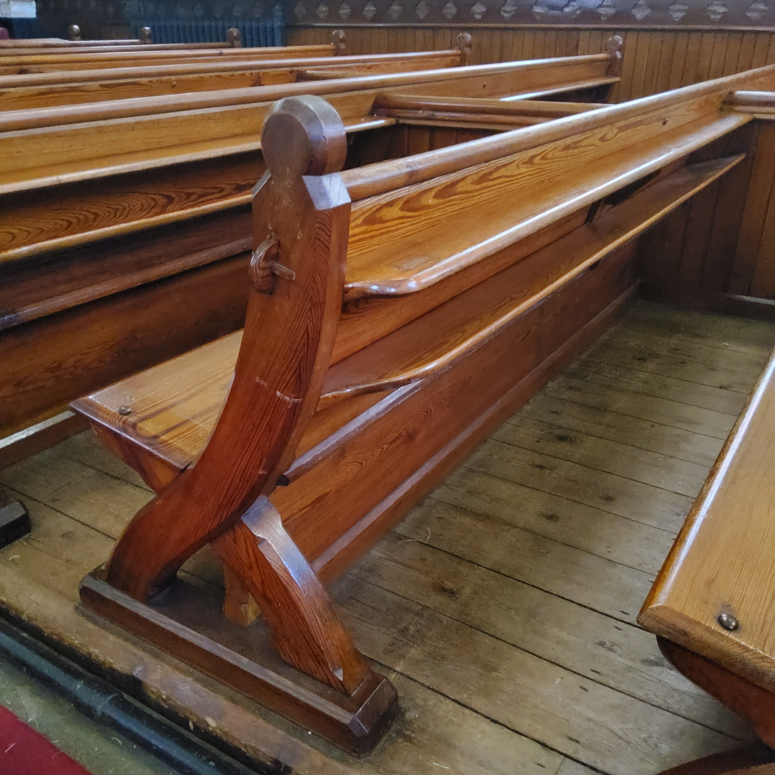 The entirety of the ecclesiatical Victorian Pugin style pitch pine pews, twenty two banks in - Image 6 of 9