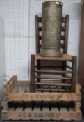 A 19th century slat back country chair, rush seat, c.1850;  two crates,  JCM GLassford, Ltd;  a