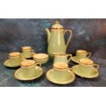 An Art Deco Gray's Pottery 'Sunbuff' coffee set,  for six decorated with green, banded in cream