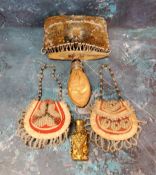 A Victorian chatelaine scent flask;  two beadwork purses;  a pin cushion;  etc