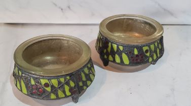 A pair of Soviet Russian silver and cloisonne enamelled cauldron salts, three buttress feet, 5.5cm