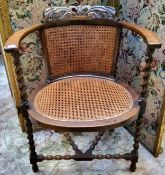 A Victorian oak and bergere chair, pierced foliate cresting, barley twist supports and stretcher,
