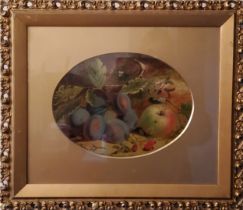 English School, Still Life, Plums and Apples on a Mossy Bank, signed with monogram BF, oval, oil,