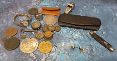 An 1873 Belgium 5 Franc coin converted to a brooch; gold plated Pinz-Nez spectacles in original