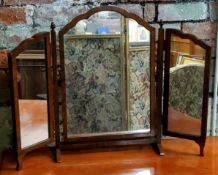 A 19th century style walnut triptych dressing table mirror, foxed looking glass, 61cm high x 75cm