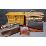 A wicker basket;  another;   a Finnigans leather bag;  leather purses;  etc