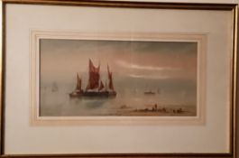 J**Mortimer, early 20th century, Fishing off the Coast, signed, watercolour, 16.5cm x 34.5cm
