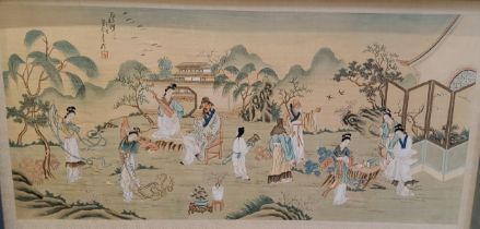 Chinese School, elders and ladies before a pagoda, 50cm x 102cm