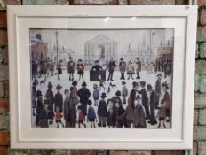 After Lowry, 'The Prayer Meeting', framed 94ccm wide x 72cm high; Lloyd Loom laundry basket,etc