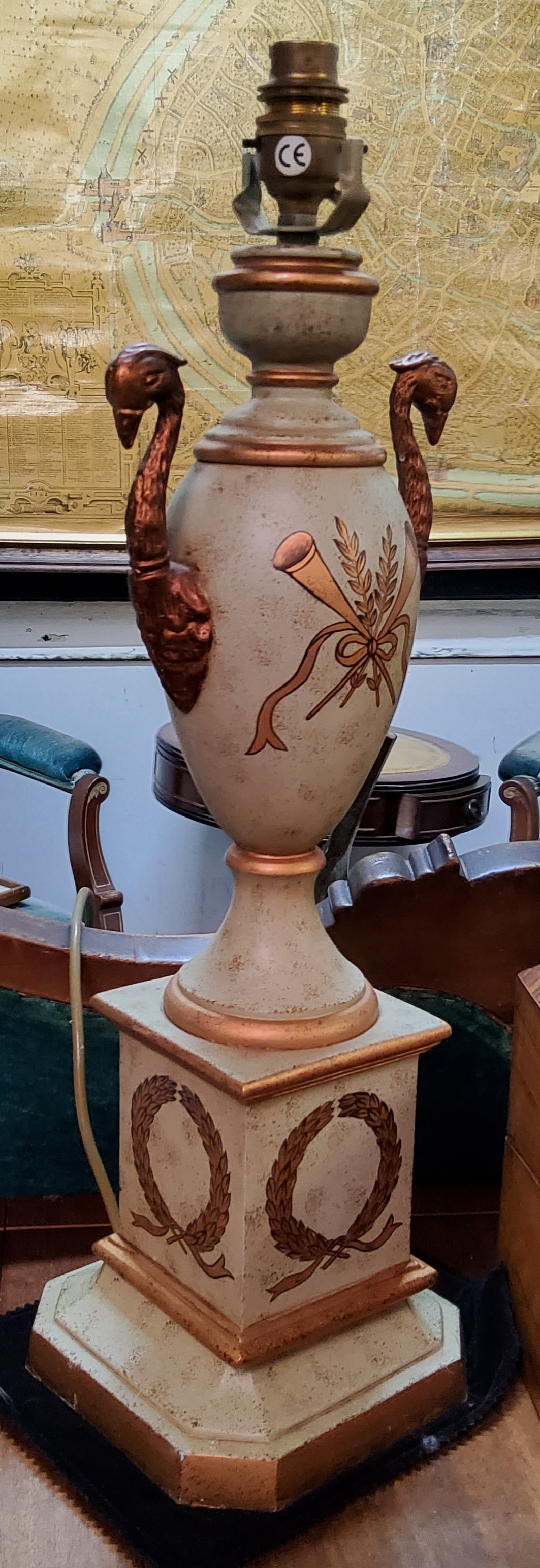 A pair of toleware table lamp bases, gilded twin peacock handles, stepped to base, 20th century