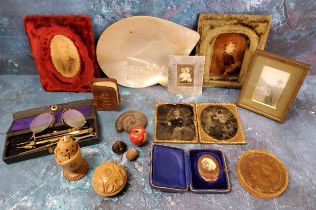 A Victorian ambrotype;  another;  others;  a leather bound miniature book, The Play's the Thing;