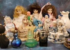 German figures;  Wedgwood Jasperware trinket;  scent bottles;  glassware; dolls;   etc