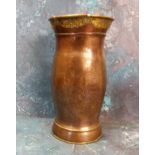 A Japanese copper and brass bowed cylindrical vase, engraved with cranes and foliage, 22cm high,