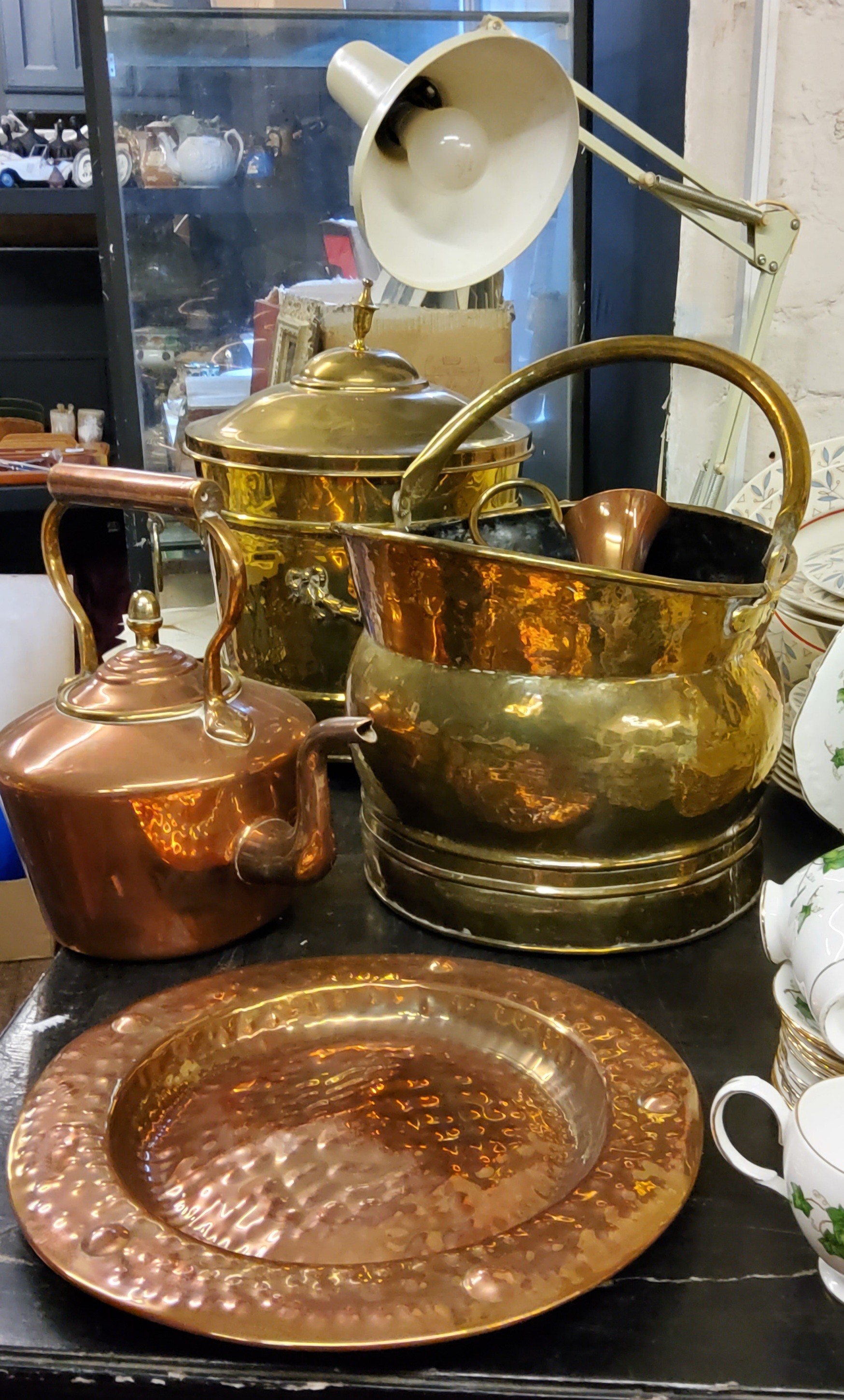 Metal Ware - a Victorian copper kettle, acorn finial, c.1860;  a brass fuel bin and cover, ball