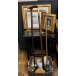 Walking sticks;  two Japanese lacquered tables;  stoneware bottles;  prints;  etc