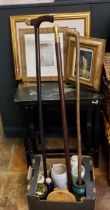 Walking sticks;  two Japanese lacquered tables;  stoneware bottles;  prints;  etc