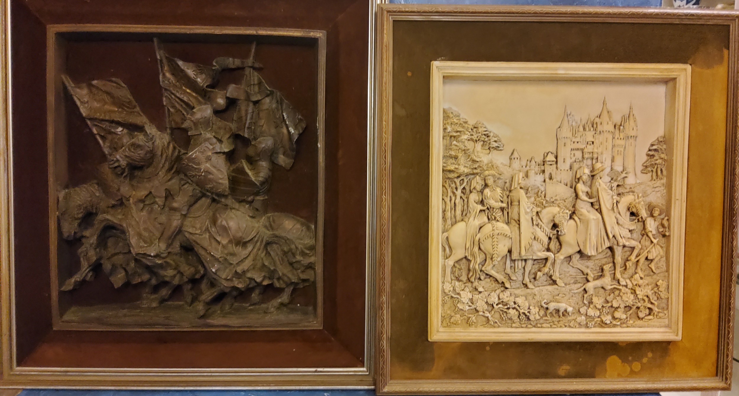 Medieval Interest - a relief moulded picture, of Knights on Horseback, 55cm x 51cm;  another,