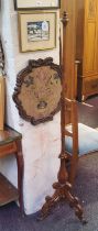 A Victorian golden oak tapestry pole screen, shaped oval tapestry banner, 150cm high,  c.1860