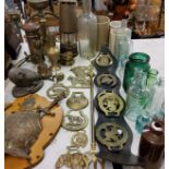 An Eccles Protector miner's lamp;  horse brasses;  brass Post Box money bank;  stoneware jars;