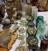 An Eccles Protector miner's lamp;  horse brasses;  brass Post Box money bank;  stoneware jars;