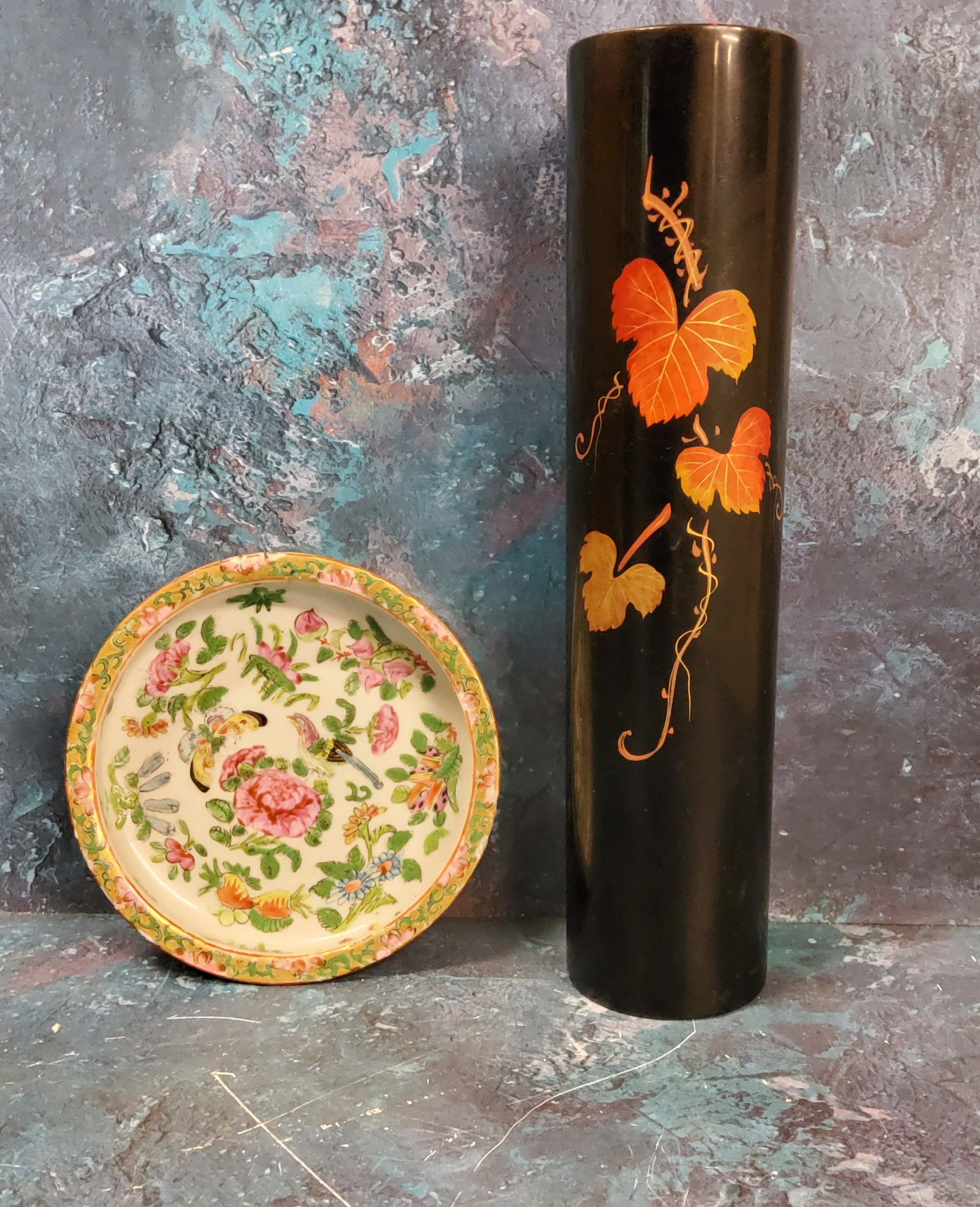 A Japanese black lacquered brush pot, decorated with autumn leaves, copper lined, 26cm high, Meiji