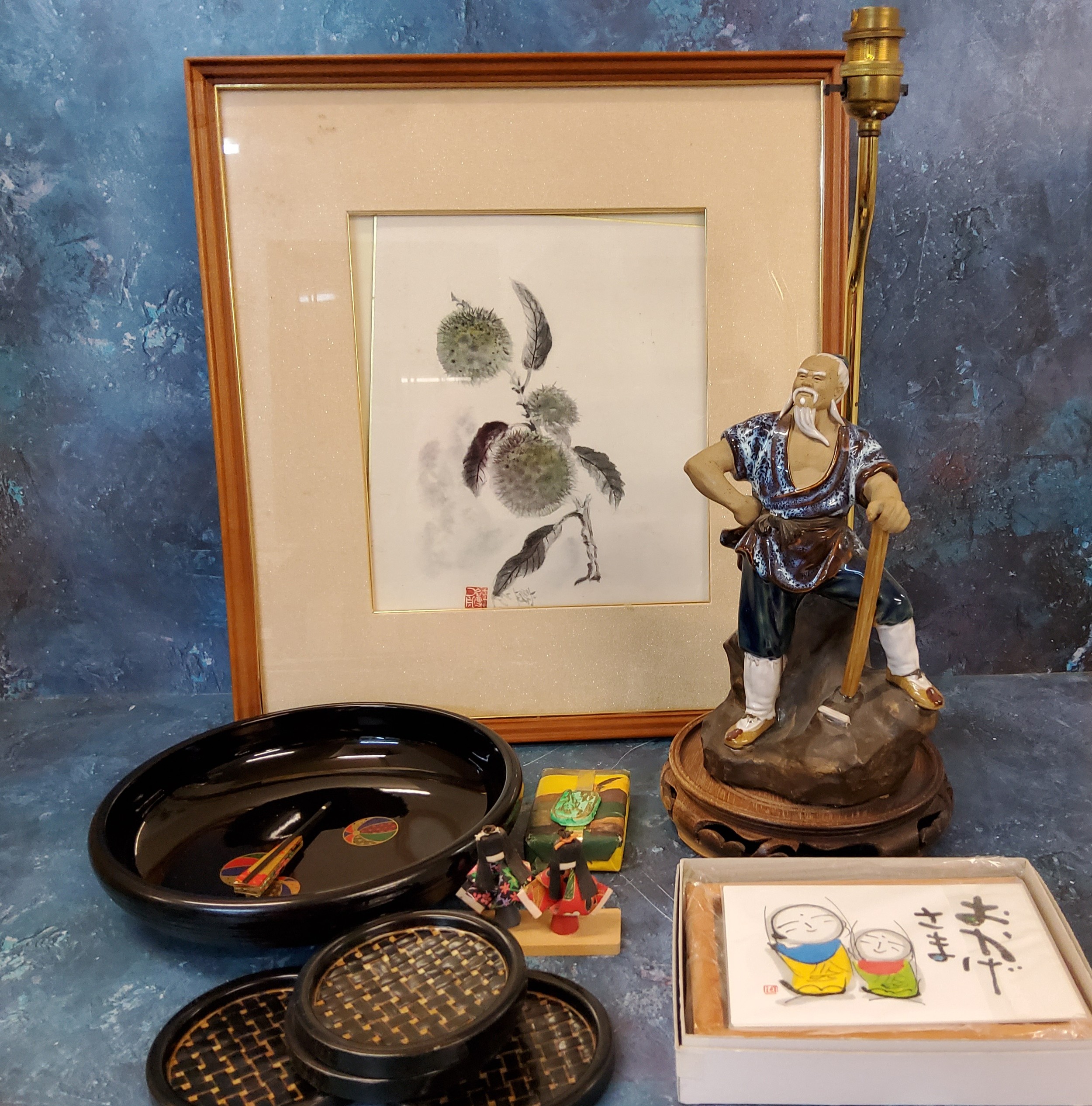 Orientental - a Japanese table lamp;  a wood block printed on a branch, framed;  coasters;  etc