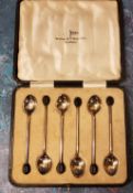 A set of six silver coffee bean spoons, Walker and Hall, Sheffield 1922, cased