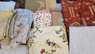 Textiles - lace table clothes and doylees;  crewelwork type and other fabrics;  etc