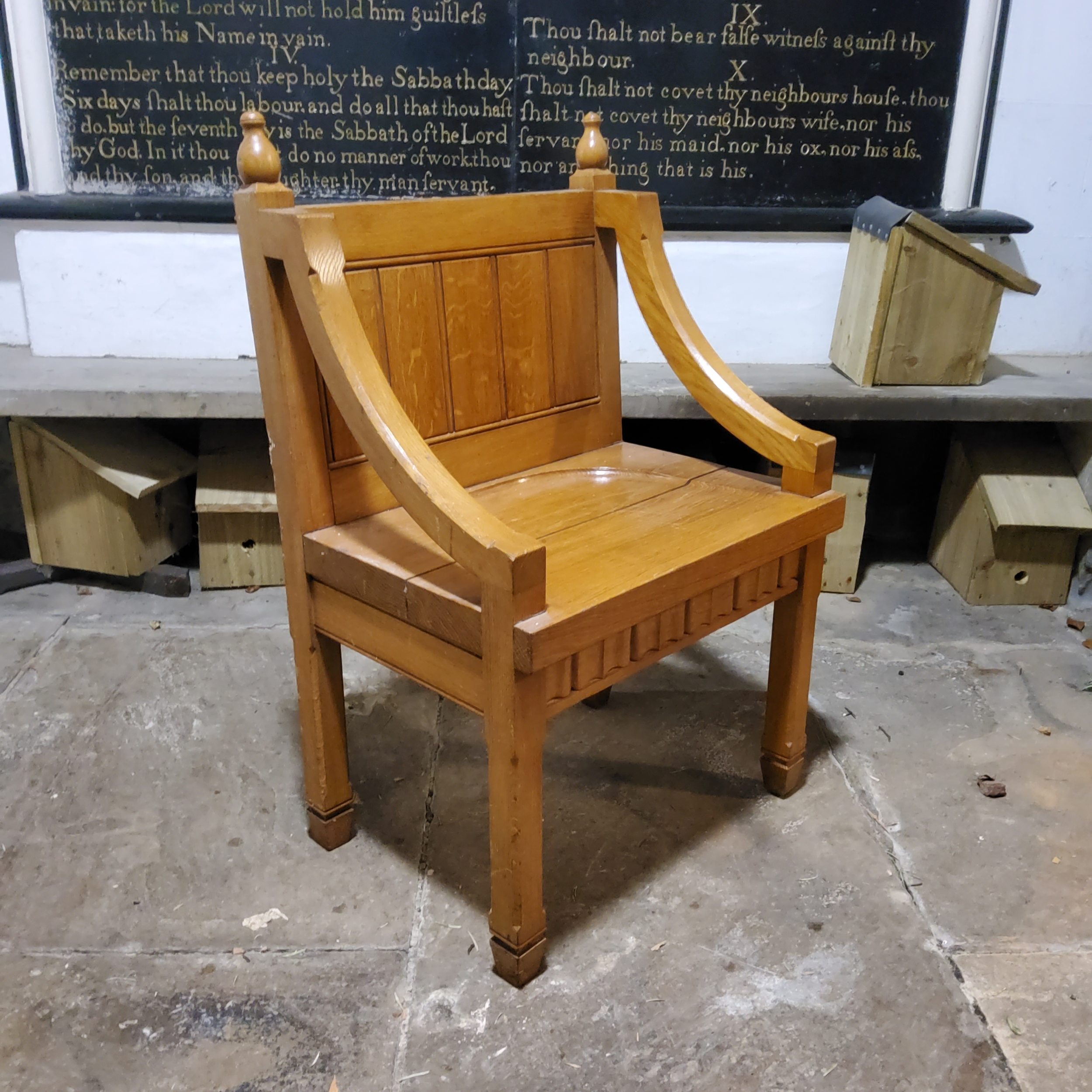 A 20th century golden oak priest's chair; A Victorian Gothic revival circular hall table (2) - Image 3 of 5