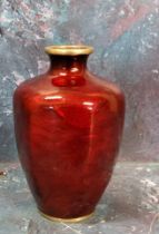 A Japanese red cloisonne hexagonal vase, 12cm high, Meiji period