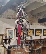 A wrought iron five branch chandelier, acanthus leaf capped, converted to electricity c.1900