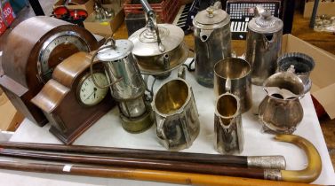 An early 20th century French mahogany mantel clock; another Art Deco English oak; a foreman's