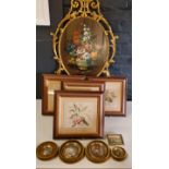 Four tapestry style pictures, each with stylised fruit, framed;   20th century miniatures, on