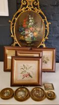 Four tapestry style pictures, each with stylised fruit, framed;   20th century miniatures, on
