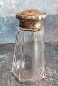 A facetted clear glass and silver mounted sugar caster, 13cm high, the cover marked 800