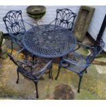 A Nova outdoor furniture set, including cast metal table and four Art Nouveau inspired armchairs