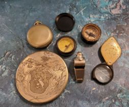 A pocket compass;  another;  a brass eye glass;  a whistle;   a full hunter pocket watch;   a chrome