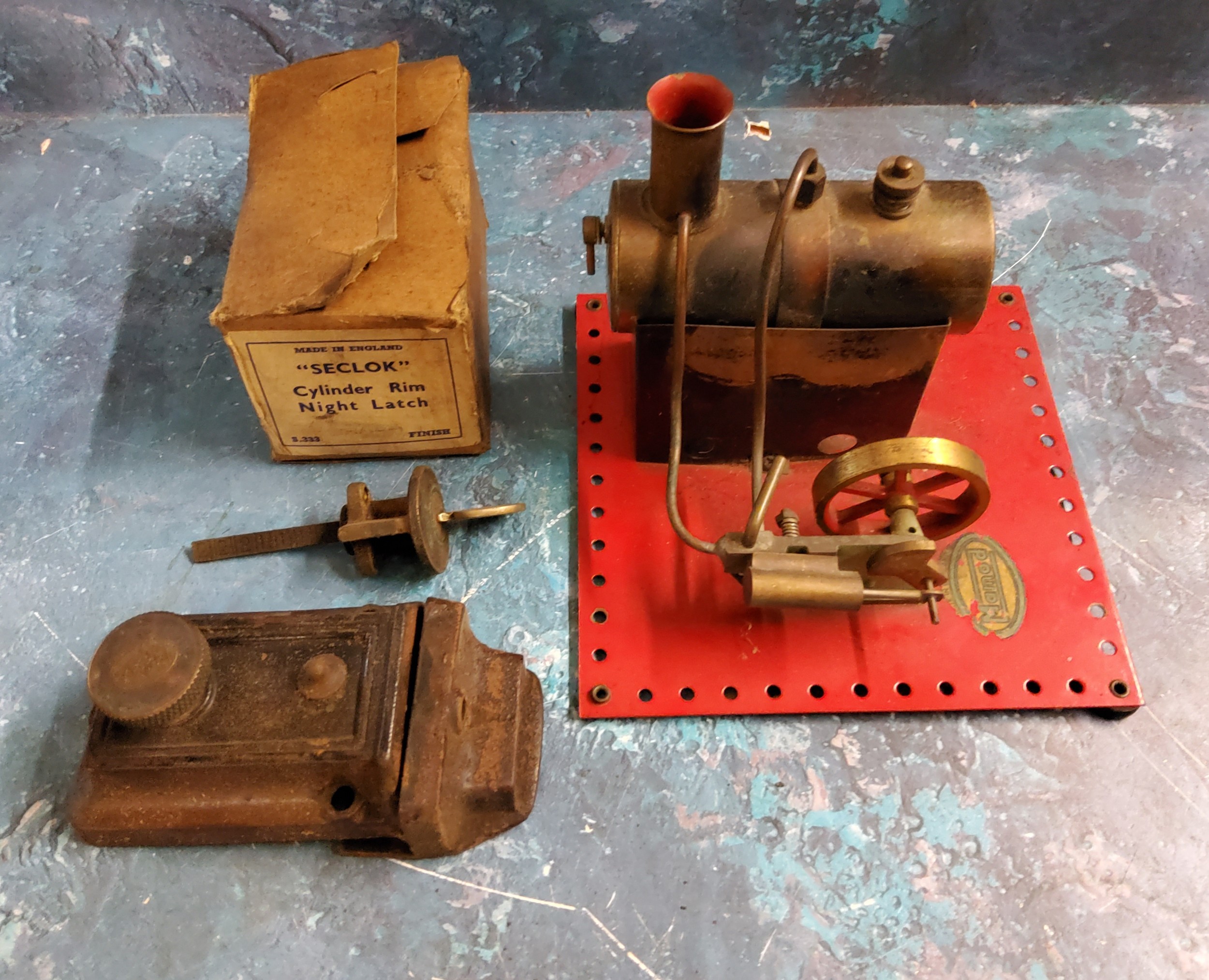 A Mamod  live steam stationary, 17cm wide;  a Seclol Cylinder rim night latch, S.333. boxed