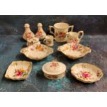 A Royal Crown Derby Posies pattern two handled pedestal sweetmeat dishes;  a similar loving cup;