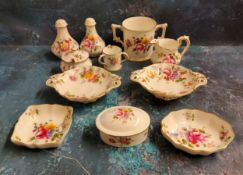 A Royal Crown Derby Posies pattern two handled pedestal sweetmeat dishes;  a similar loving cup;