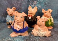 A set of five Wade Natwest pigs, Woody; Annabel; Maxwell; Lady Hilary and Sir Nathaniel
