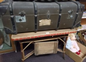 A mid 20th century wicker and softwood rounded rectangular conservatory table, 64cm high, 82cm wide;