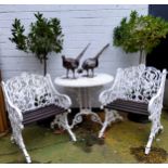 A 20th century Coalbrookdale reproduction bistro set, white painted cast aluminium garden