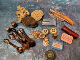 Palaeontology - an ammonite fossil;  coral;  thimbles;  badges;  etc