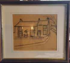 After L. S. Lowry, Cottage on the Corner, bears signature, pen and ink, 16cm x 19cm